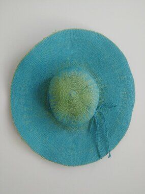 100% paper straw hat bright blue with green trim